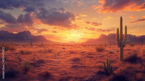 Desert Landscape with Rolling Dunes and Cacti at Sunset - Ideal for Travel and Nature Themes Generative AI