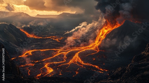 Dramatic Volcanic Landscape with Lava Flow and Rugged Terrain, Perfect for Environmental or Natural Disaster Concepts Generative AI