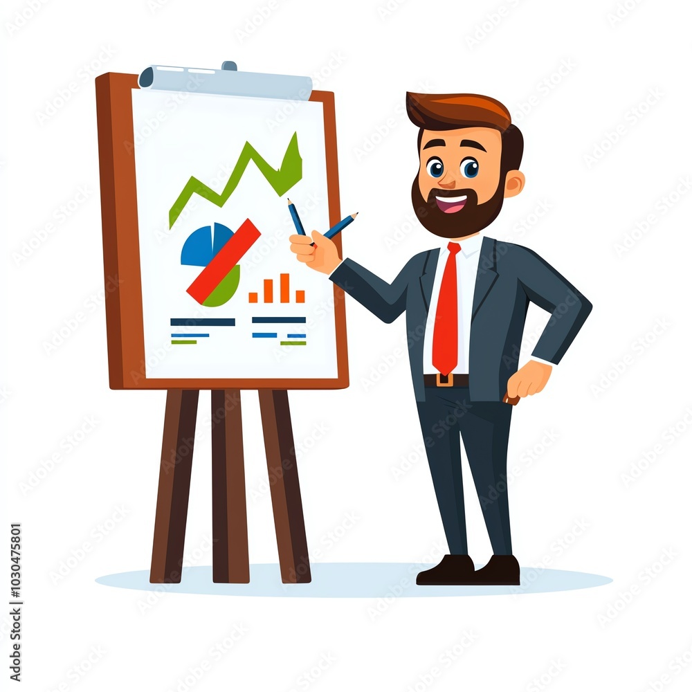 A cheerful businessman presents a growth chart on a board, showcasing various colorful graphs and statistics. A cheerful businessman presents a growth chart on a board, showcasing various colorful graphs and statistics.