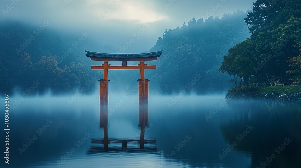 Serene Japanese Torii Gate Reflected in Tranquil Lake at Dawn Serene Japanese Torii Gate Reflected in Tranquil Lake at Dawn