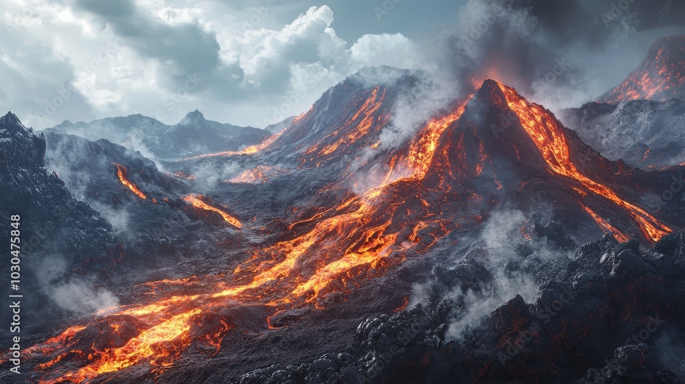 Fototapeta premium Dramatic Volcanic Landscape with Lava Flow and Rugged Terrain, Perfect for Environmental or Natural Disaster Concepts Generative AI