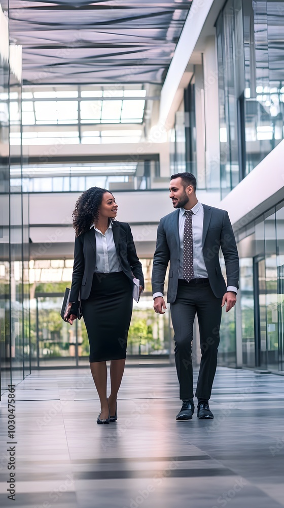 A man and a woman in business attire walk and talk in a modern office building. A man and a woman in business attire walk and talk in a modern office building.