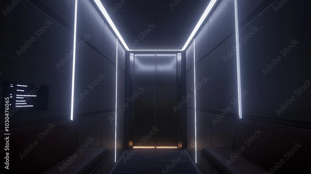 Modern Futuristic Elevator Interior with Neon Lighting and Seating Modern Futuristic Elevator Interior with Neon Lighting and Seating