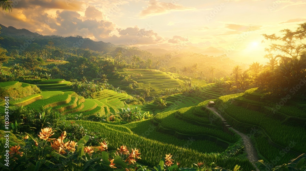 Naklejka premium Serene Rice Terrace Landscape with Winding Paths and Golden Sunset, ideal for travel, agriculture, and nature themed designs Generative AI