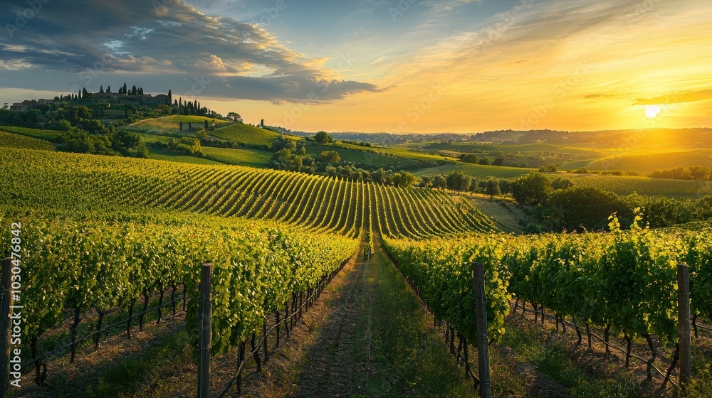 Fototapeta premium Serene Vineyard Landscape at Sunset, Ideal for Wine and Travel Industry Generative AI