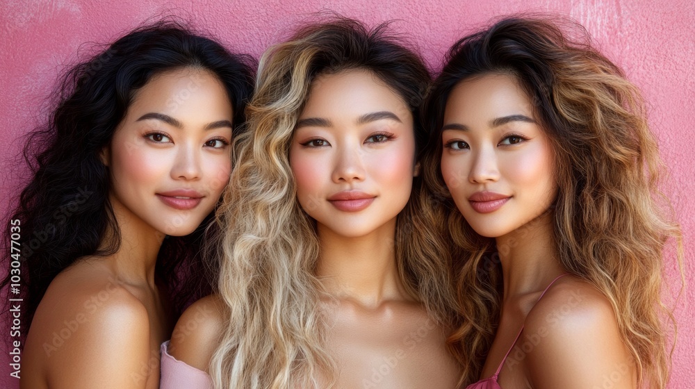 Three Beautiful Asian Women with Long Hair Smiling at the Camera Three Beautiful Asian Women with Long Hair Smiling at the Camera
