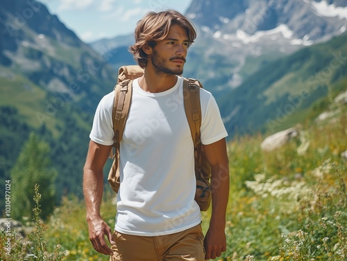 Obraz na płótnie Mockup of a white t-shirt worn by a man, with a beautiful landscape as the background w salonie