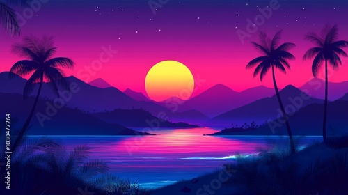 Tropical Sunset Landscape with Palm Trees and Mountains
