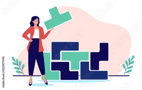 Businesswoman solving problem and puzzle - Woman person standing holding piece working on logic and creating layers of complex business strategy. Flat design vector illustration with white background