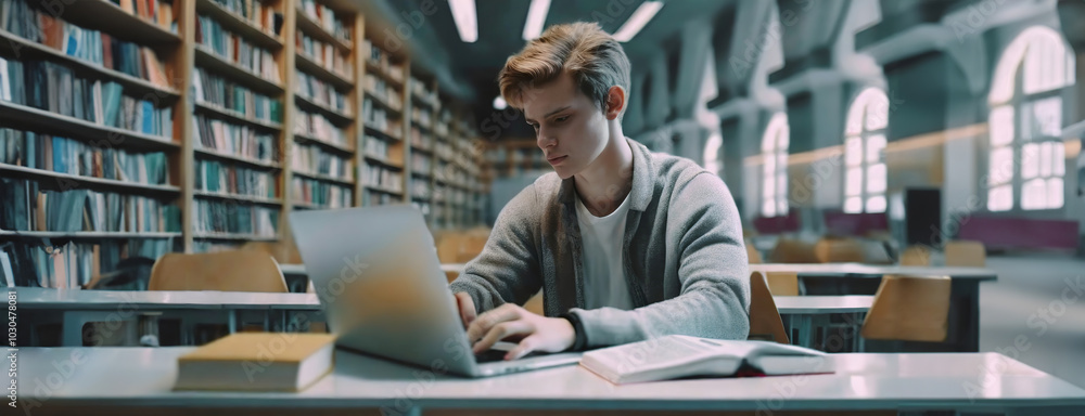 Young student focused on working on his laptop in a quiet library with bookshelves in the background. Young student focused on working on his laptop in a quiet library with bookshelves in the background.