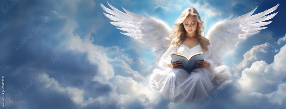 custom made wallpaper toronto digitalA serene angel reading a book while sitting on clouds with glowing wings in a heavenly atmosphere.