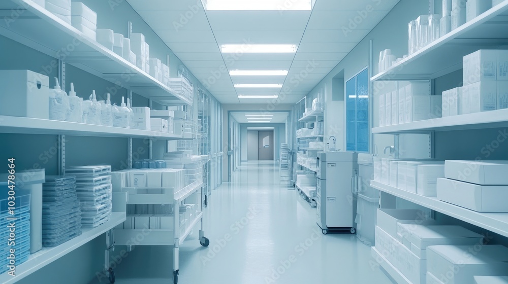 A sterile supply room in a hospital with neatly organized shelves filled with medical equipment A sterile supply room in a hospital with neatly organized shelves filled with medical equipment