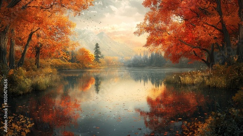 Serene Autumn Lake Landscape with Reflections for Relaxation and Nature Escapes Generative AI