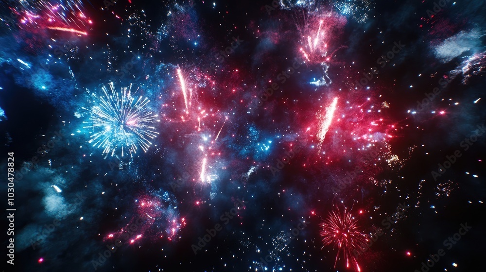 A striking border featuring fireworks in red, white, and blue against a night sky backdrop A striking border featuring fireworks in red, white, and blue against a night sky backdrop