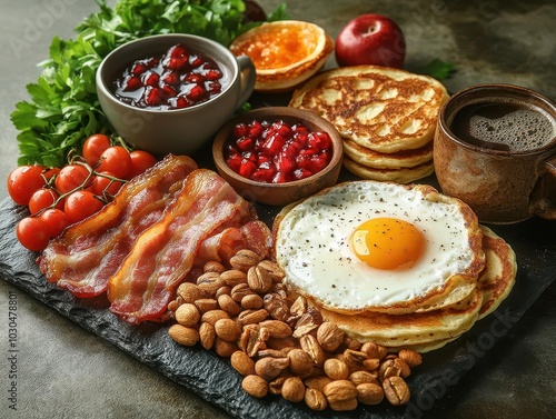 delicious american breakfast spread artfully arranged on a table, featuring fried eggs, crispy bacon, pancakes, toasts, coffee, and fresh fruit, evoking a warm, inviting atmosphere for food lovers