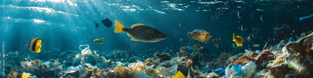 Fototapeta premium A group of fish swimming in the ocean with a plastic bag floating in the water. Concept of pollution and the impact of human activity on the environment