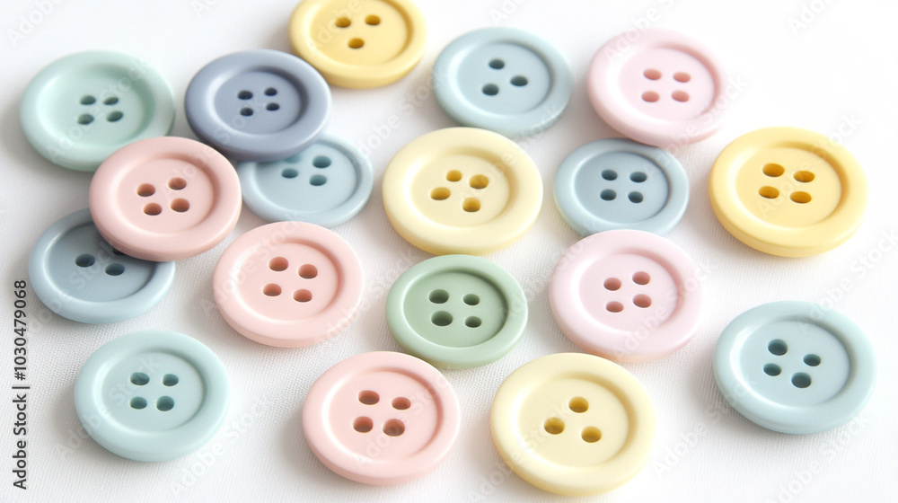 Pastel Colored Buttons on White Background Sewing Craft Supplies Pastel Colored Buttons on White Background Sewing Craft Supplies