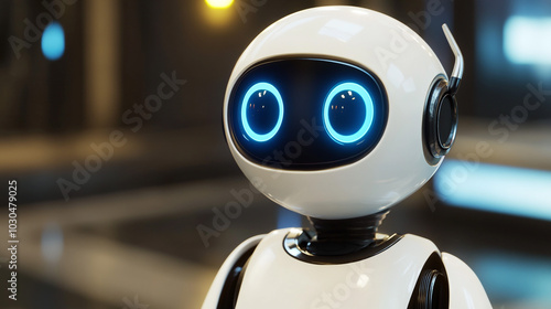 Friendly Robot with Blue Eyes Artificial Intelligence Futuristic Technology Concept