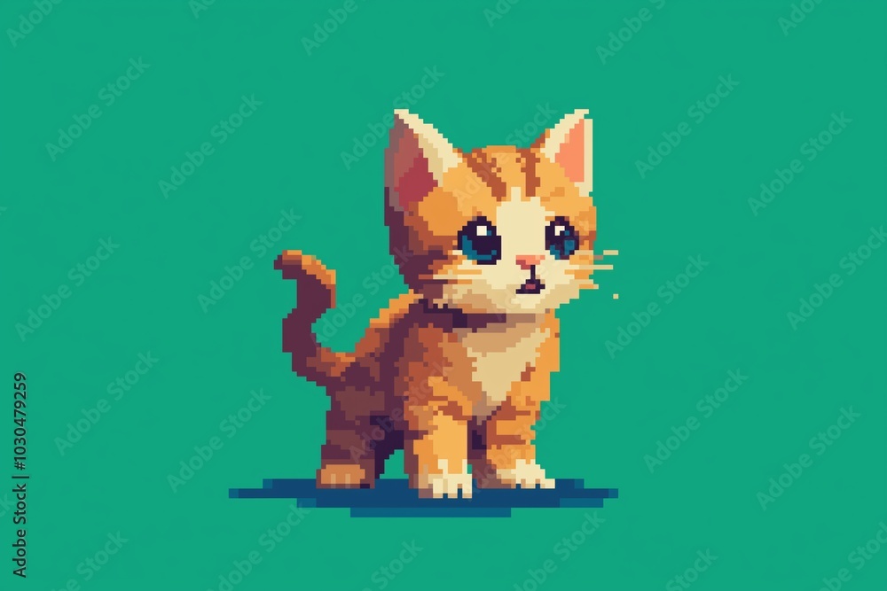 Fototapeta premium A cute orange kitten is standing on a green background. The kitten has blue eyes and is looking up at the camera. Pixel art.