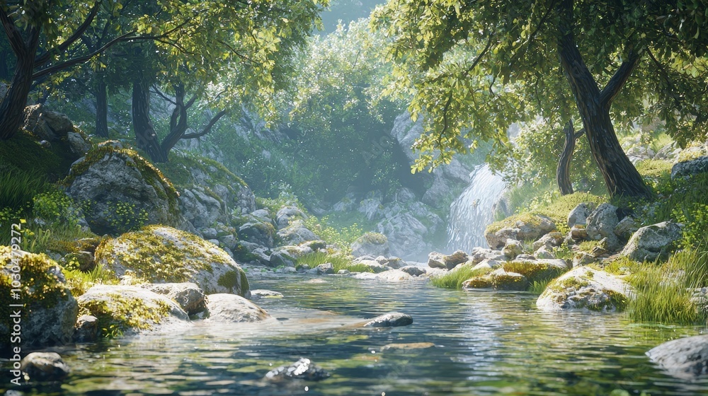 Serene Mountain Stream with Moss-Covered Rocks and Overhanging Trees for Relaxation and Nature Escapes Generative AI Serene Mountain Stream with Moss-Covered Rocks and Overhanging Trees for Relaxation and Nature Escapes Generative AI