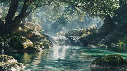 Serene Mountain Stream with Moss-Covered Rocks and Overhanging Trees for Relaxation and Nature Escapes Generative AI photo