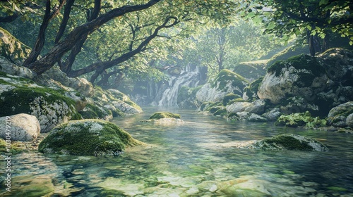 Serene Mountain Stream with Moss-Covered Rocks and Overhanging Trees for Relaxation and Nature Escapes Generative AI photo