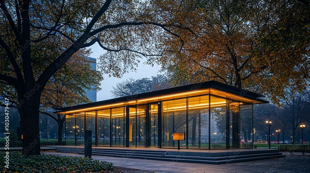 Serene Glass Pavilion in City Park: Morning Glow Amidst Nature Serene Glass Pavilion in City Park: Morning Glow Amidst Nature