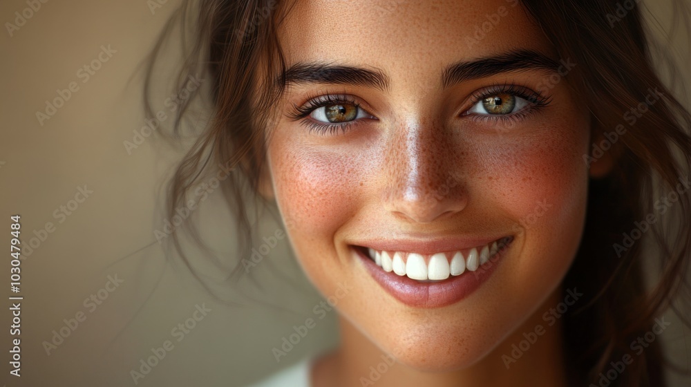 Smiling Young Woman with Freckles and Bright Eyes Smiling Young Woman with Freckles and Bright Eyes