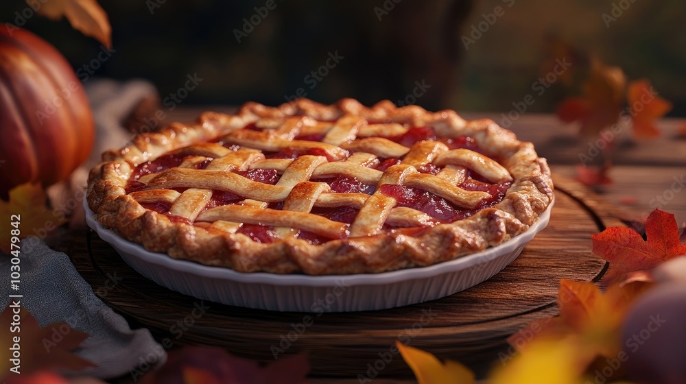 A Thanksgiving pie with decorative lattice crust on a wooden surface A Thanksgiving pie with decorative lattice crust on a wooden surface