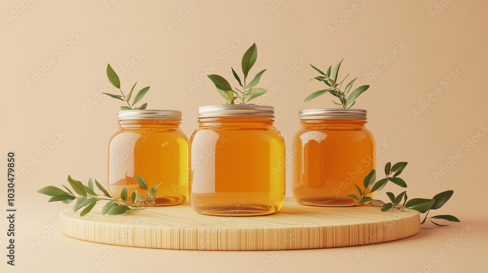 Honey Jars with Green Leaves on Wooden Platform Honey Jars with Green Leaves on Wooden Platform