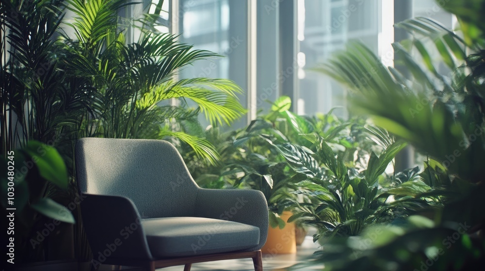 Fototapeta premium A tranquil corner of an office with plants and soft seating