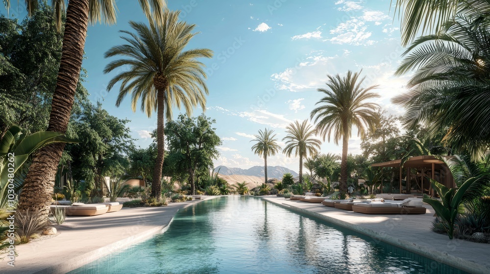 Fototapeta premium Serenity Found: A Stunning Desert Oasis with Palm Trees and Refreshing Pool Generative AI