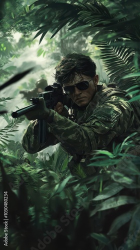 a man in camouflage holding a rifle in a jungle