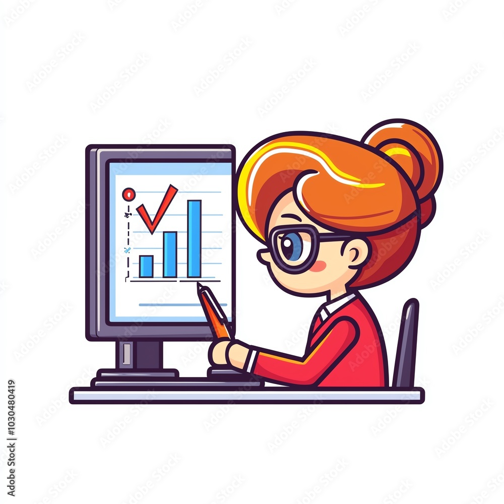 A cheerful woman works on a computer, analyzing data charts and graphs, showcasing a productive business environment. A cheerful woman works on a computer, analyzing data charts and graphs, showcasing a productive business environment.