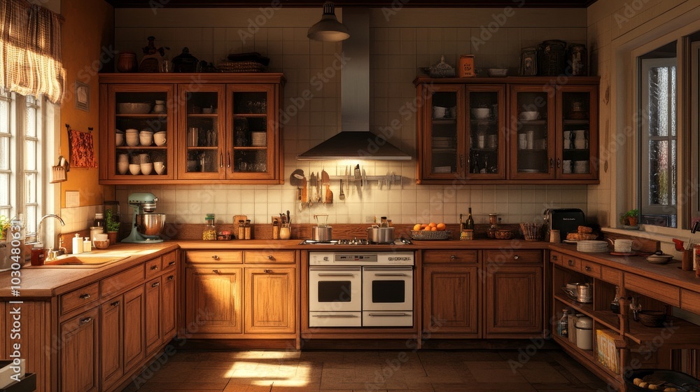 Cozy kitchen with wooden cabinets and modern appliances, ideal for cooking and gathering. Cozy kitchen with wooden cabinets and modern appliances, ideal for cooking and gathering.