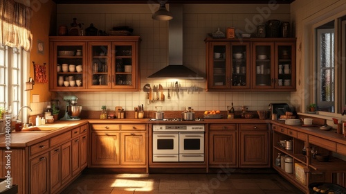 Cozy kitchen with wooden cabinets and modern appliances, ideal for cooking and gathering.
