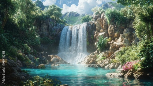 Serene Waterfall Landscape with Crystal Clear Pool and Lush Vegetation, Perfect for Nature and Travel Themes Generative AI