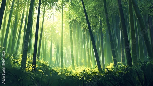 Serene Bamboo Forest with Dappled Sunlight for Relaxation and Wellness Generative AI