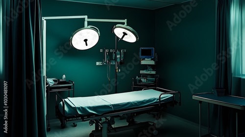 A sterile hospital room with a bed in the center, ready for a patient. photo