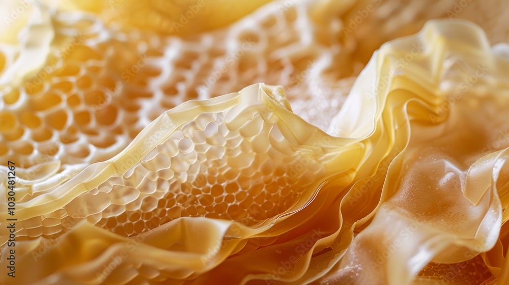 The natural crinkled texture of the beeswax wrap is captured in this closeup photo showing how the wrap easily conforms to the shape of food or containers for a snug fit. The natural crinkled texture of the beeswax wrap is captured in this closeup photo showing how the wrap easily conforms to the shape of food or containers for a snug fit.