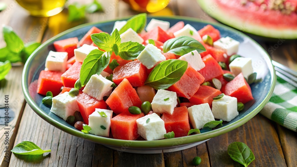 A watermelon and feta cheese salad. healthy food concept. A watermelon and feta cheese salad. healthy food concept.