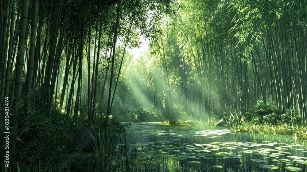Obraz premium Serene Bamboo Grove with Dappled Sunlight for Relaxation and Wellness Generative AI