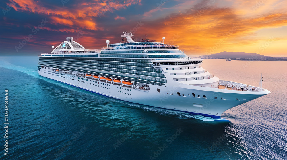 Luxury Cruise Ship Sailing on the Tranquil Ocean at Sunset with Golden Reflections Luxury Cruise Ship Sailing on the Tranquil Ocean at Sunset with Golden Reflections