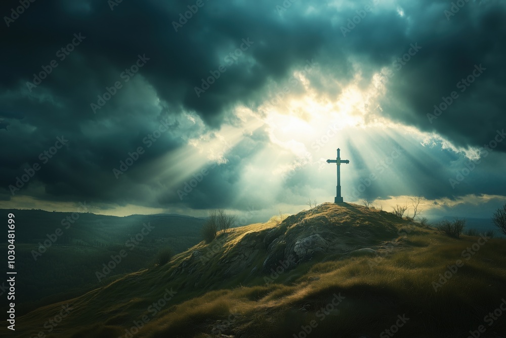 Obraz premium A cross on a hill illuminated by rays of sunlight breaking through dark clouds.