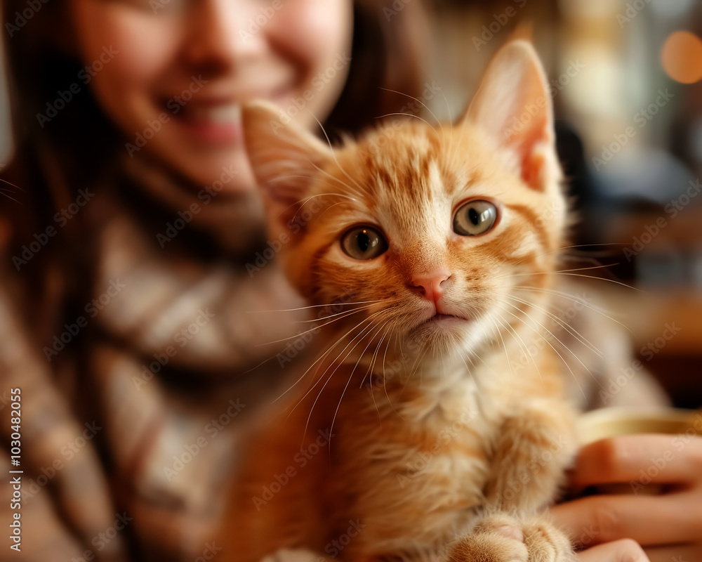 young woman holds cute orange tabby cat, showcasing warm and joyful moment. cats expressive eyes and soft fur create endearing scene filled with affection young woman holds cute orange tabby cat, showcasing warm and joyful moment. cats expressive eyes and soft fur create endearing scene filled with affection