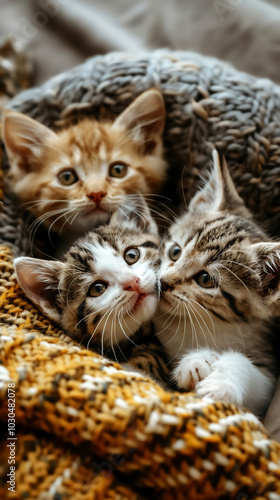 Adorable kittens playing together, showcasing their playful nature and curiosity. These fluffy companions are nestled in cozy blanket, radiating warmth and joy