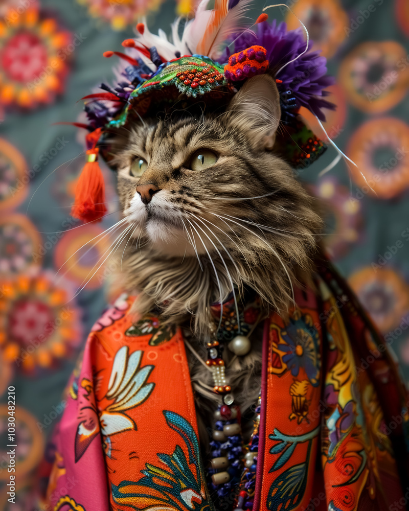majestic cat adorned in vibrant, creative outfits, showcasing intricate patterns and colorful accessories. felines expressive gaze captures sense of charm and whimsy majestic cat adorned in vibrant, creative outfits, showcasing intricate patterns and colorful accessories. felines expressive gaze captures sense of charm and whimsy
