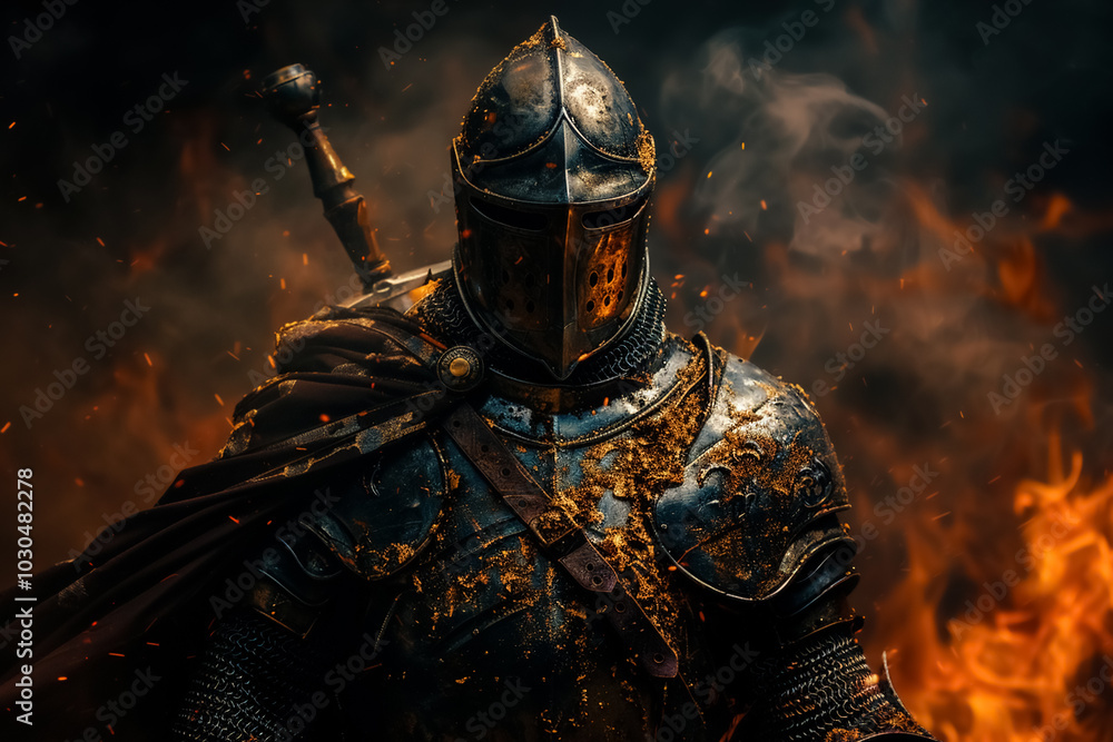 fierce knight stands amidst swirling flames, clad in weathered armor that tells tales of battles fought. atmosphere is charged with intensity and valor, evoking sense of epic adventure fierce knight stands amidst swirling flames, clad in weathered armor that tells tales of battles fought. atmosphere is charged with intensity and valor, evoking sense of epic adventure