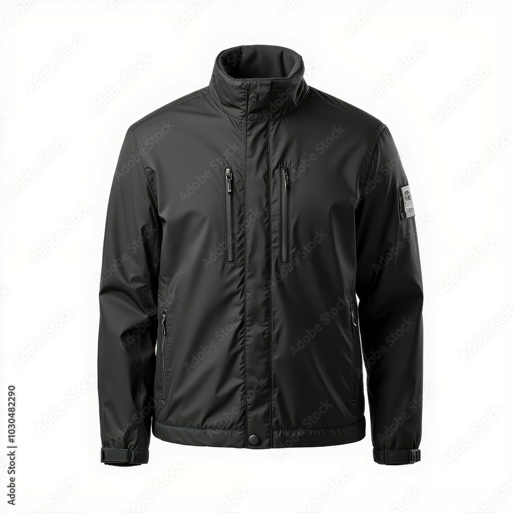 A sleek black jacket featuring a high collar and multiple zippered pockets, ideal for outdoor activities and casual wear. A sleek black jacket featuring a high collar and multiple zippered pockets, ideal for outdoor activities and casual wear.