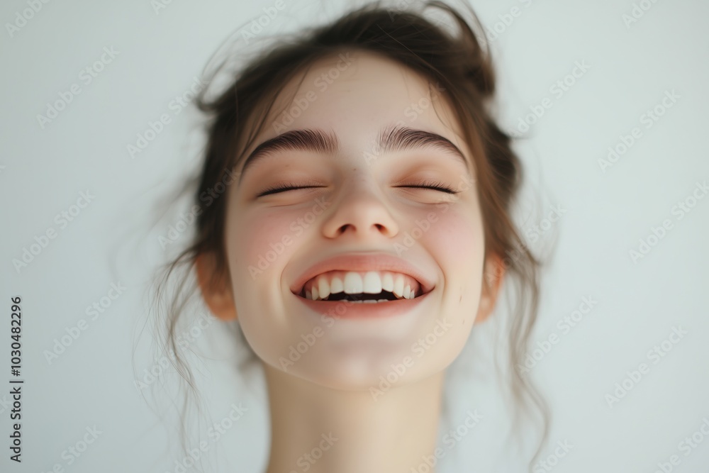 A close-up portrait of a joyful young woman with a bright smile and natural makeup against a light background. A close-up portrait of a joyful young woman with a bright smile and natural makeup against a light background.